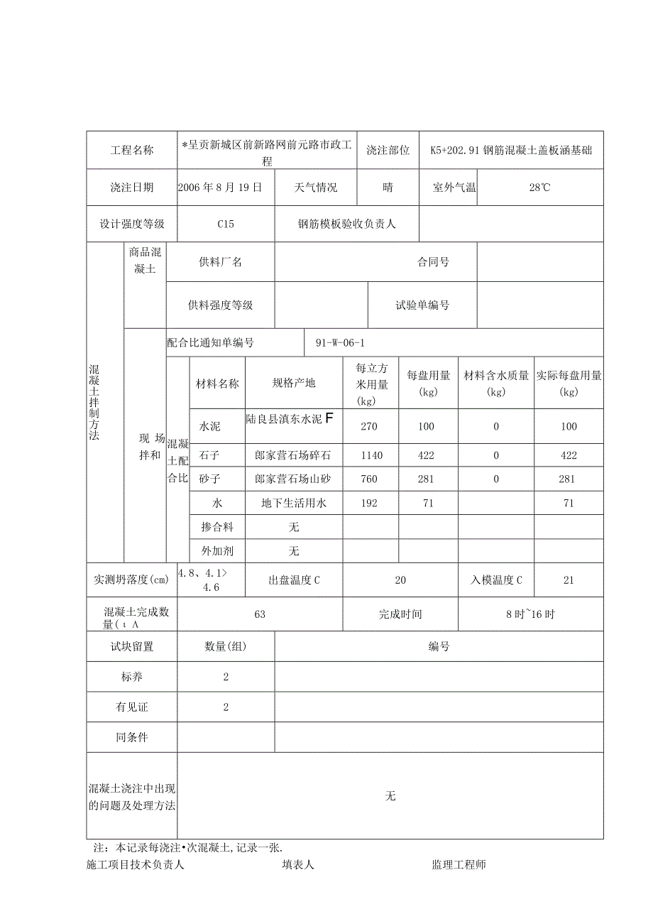 混凝土浇注记录(用用)工程文档范本_第1页