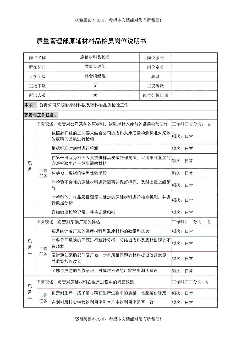 制鞋企业质量管理部原辅材料品检员岗位说明书_第1页