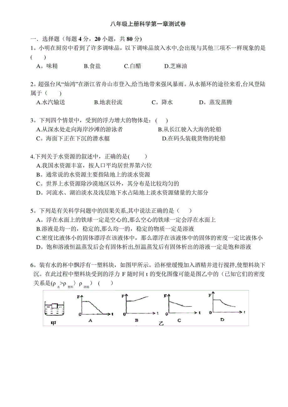 浙教版八年级上册科学-水和水溶液单元测试(含答案)_第1页