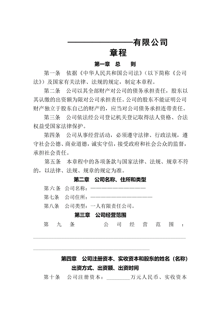 一人有限责任公司(不设立董事会)章程_第1页