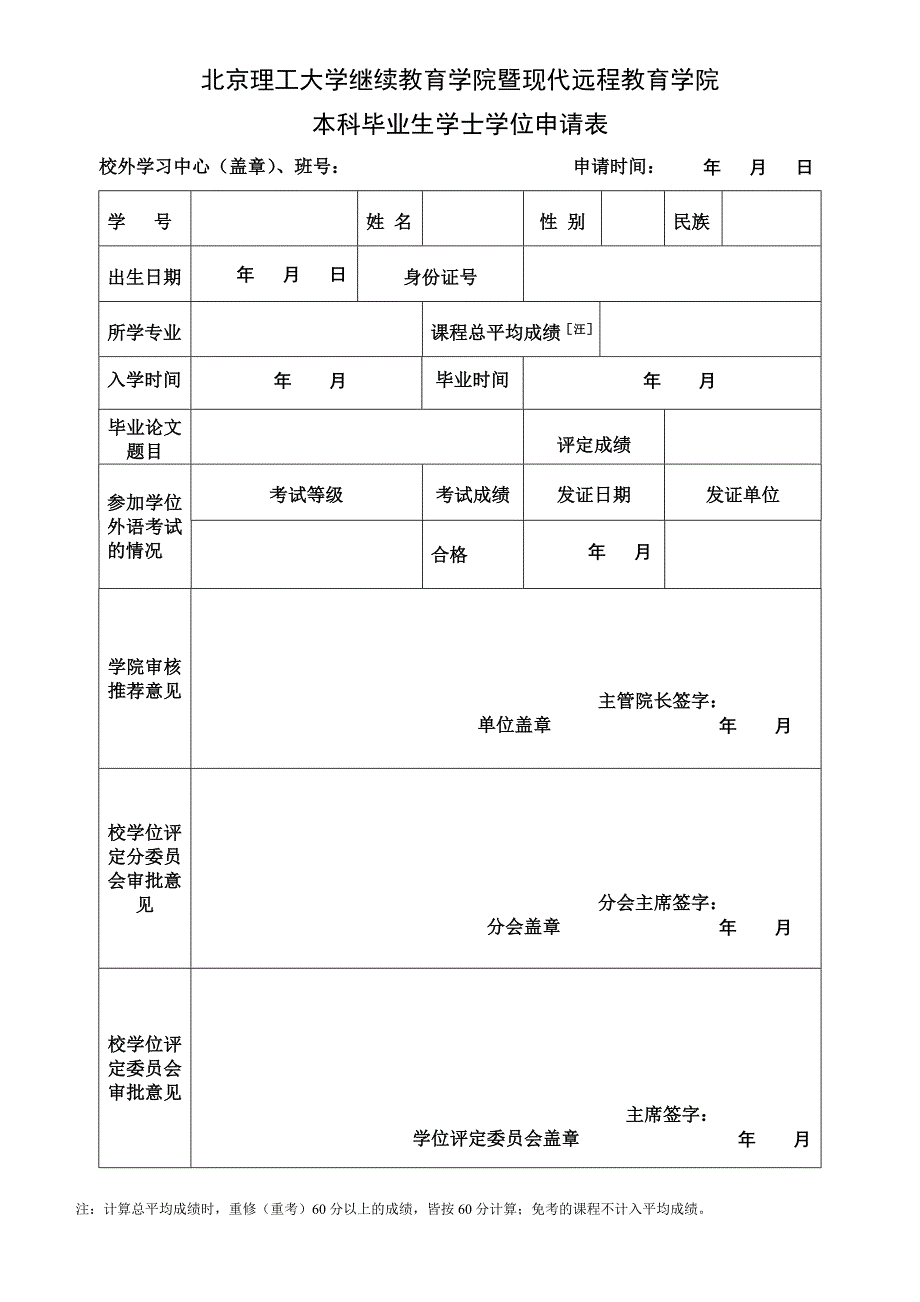 本科毕业生学士学位申请表_第1页