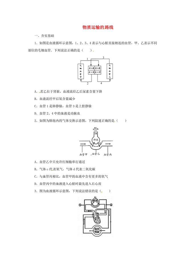 河北省七年级生物下册2.2.3物质运输的路线同步练习冀教版
