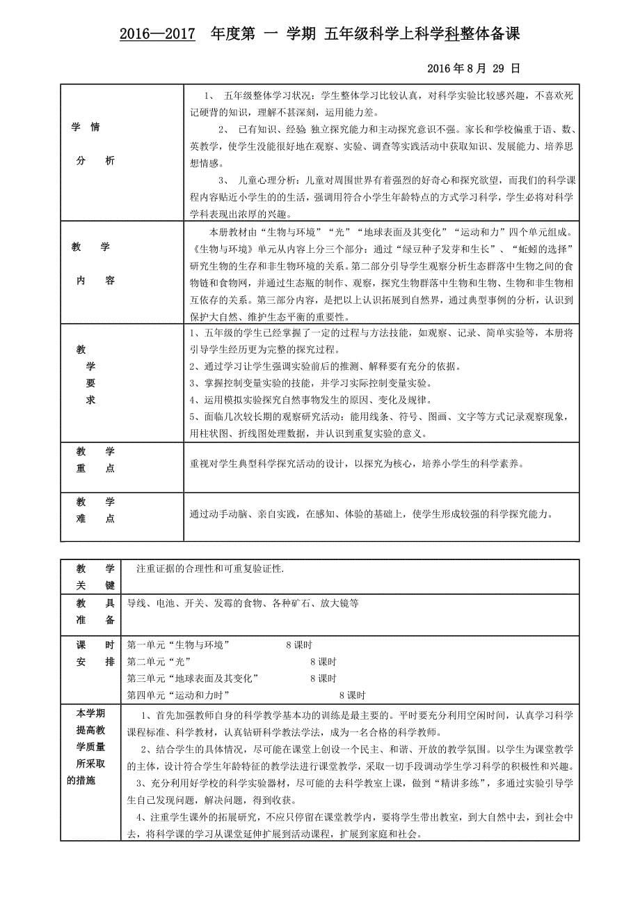 教科版五年级上册科学教案有表格_第5页