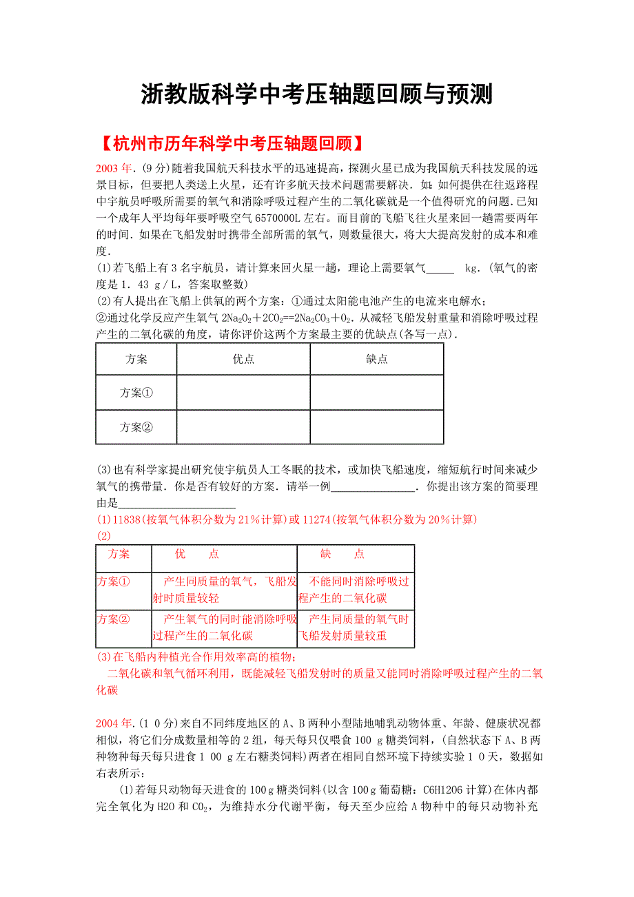 浙教版科学中考压轴题回顾与预测附答案_第1页