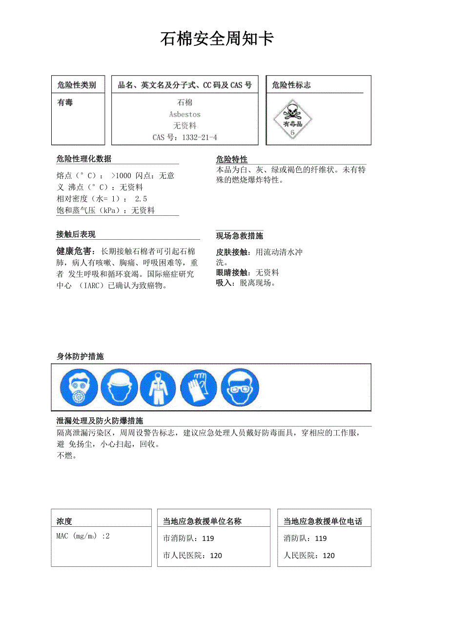 石棉安全周知卡、职业危害告知卡、理化特性表_第1页