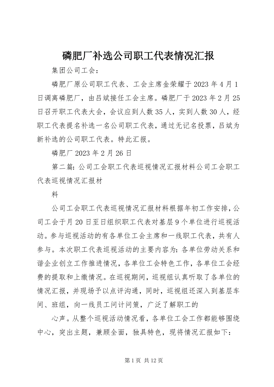 2023年磷肥厂补选公司职工代表情况汇报.docx_第1页