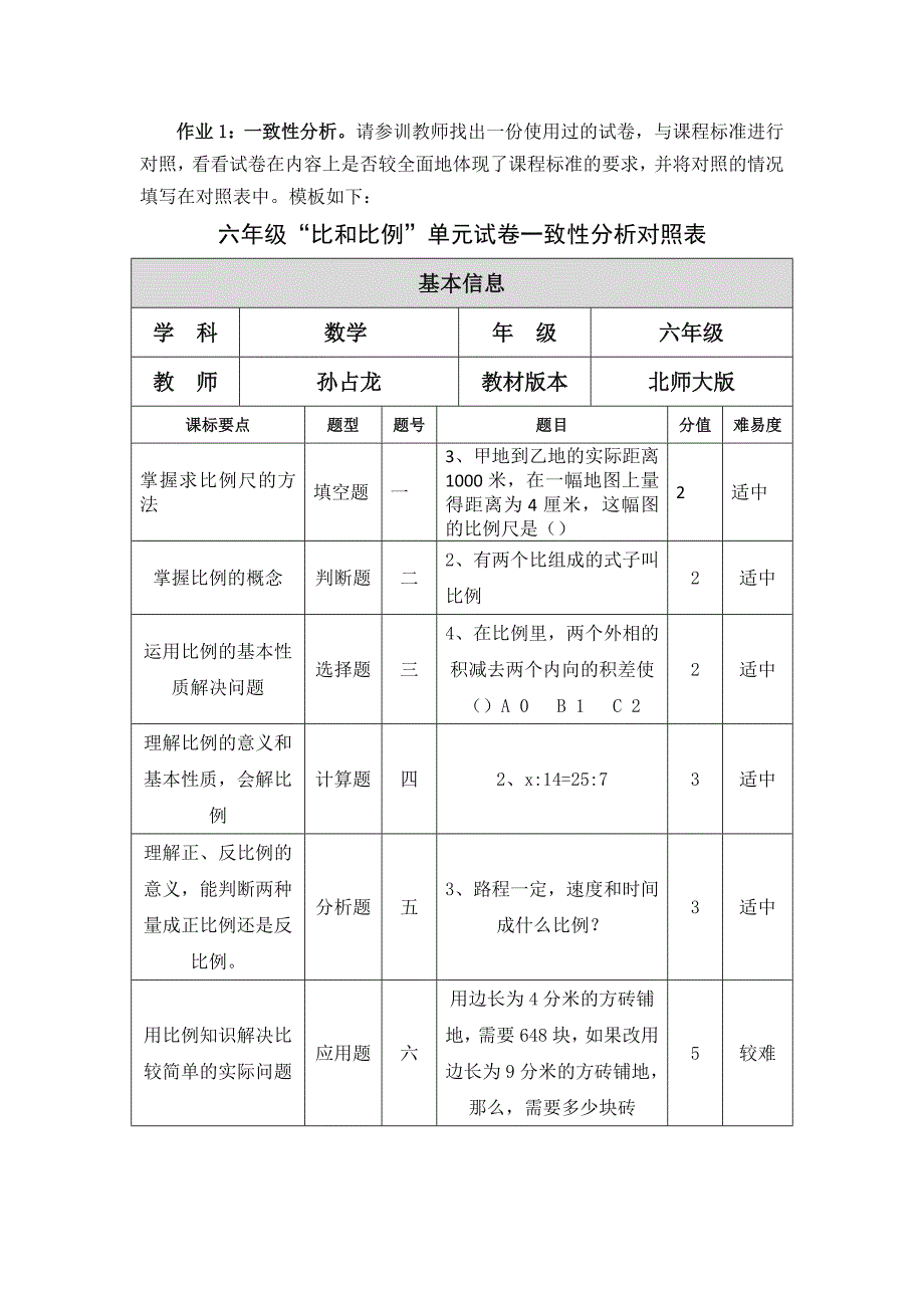 六年级数学试题一致性分析对照表_第1页