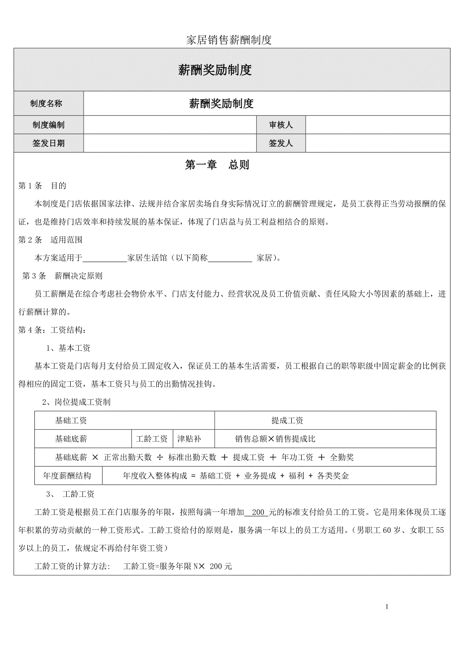 家具门店薪酬奖励制度_第1页