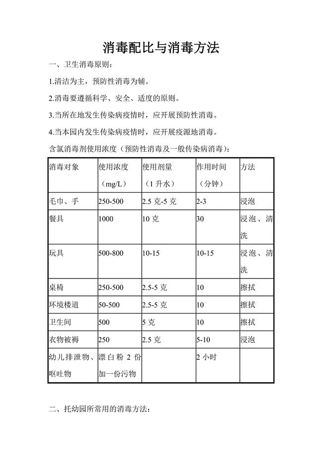 幼儿园消毒配比与消毒方法