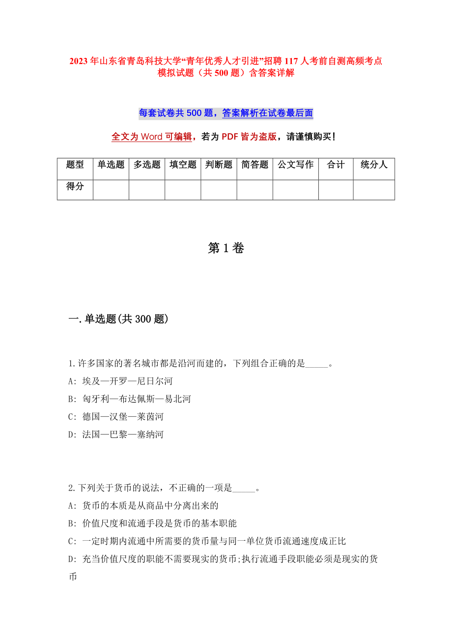 2023年山东省青岛科技大学“青年优秀人才引进”招聘117人考前自测高频考点模拟试题（共500题）含答案详解_第1页