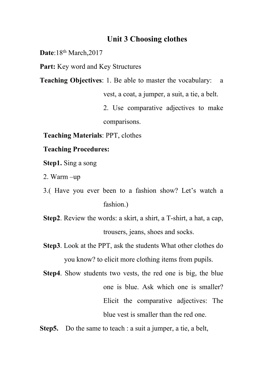四年级下册英语：Unit 3 choosing clothes_第1页