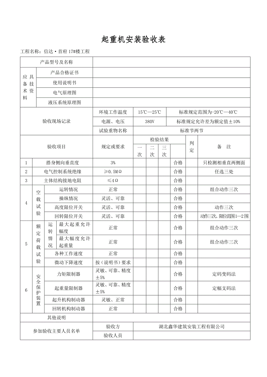 翔宇公司起重机安装验收表.doc_第1页