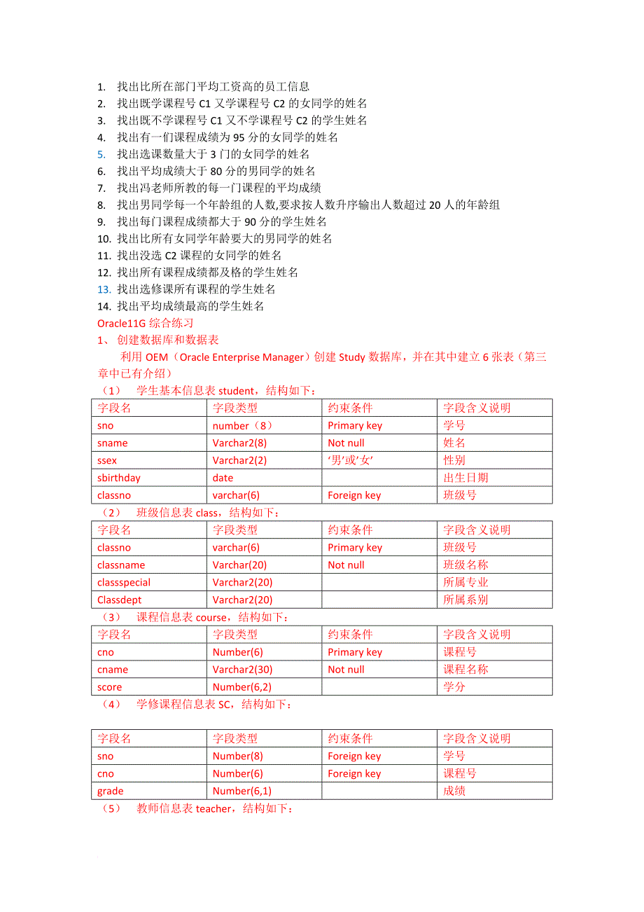 冯凤娟老师《数据库系统》上机要求写的SQL命令_第1页