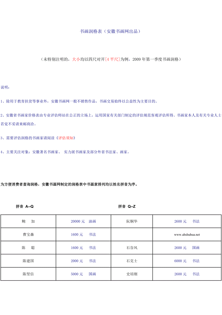 09安徽书画润格表.doc_第1页