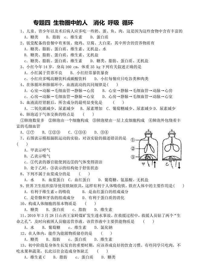 练习专题四生物圈中的人消化呼吸循环.doc