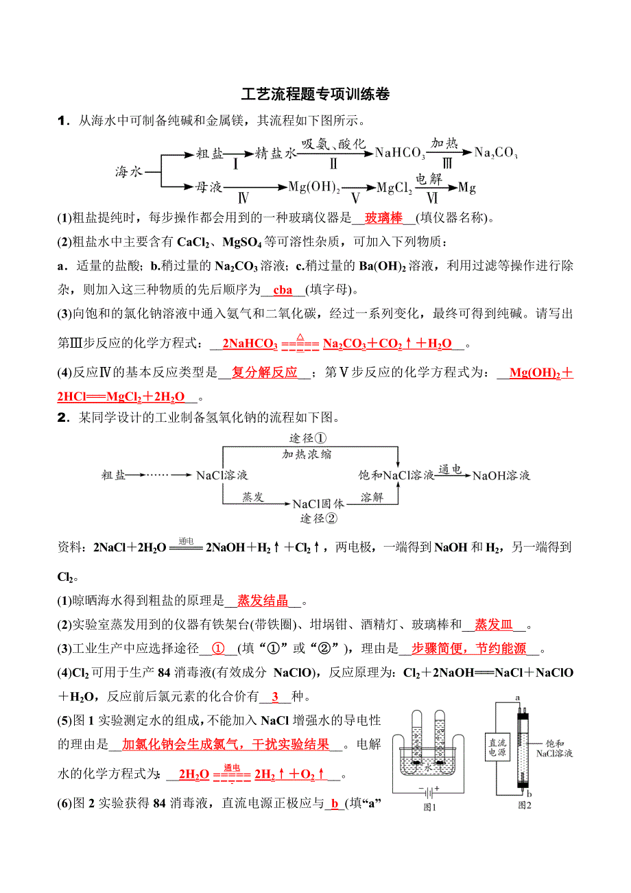 2020-2021年中考化学二轮题型突破工艺流程题专项训练卷_第1页