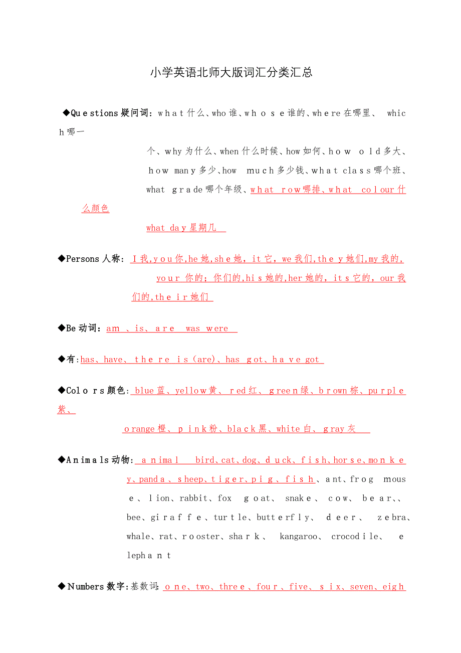 小学英语北师大版词汇分类汇总_第1页