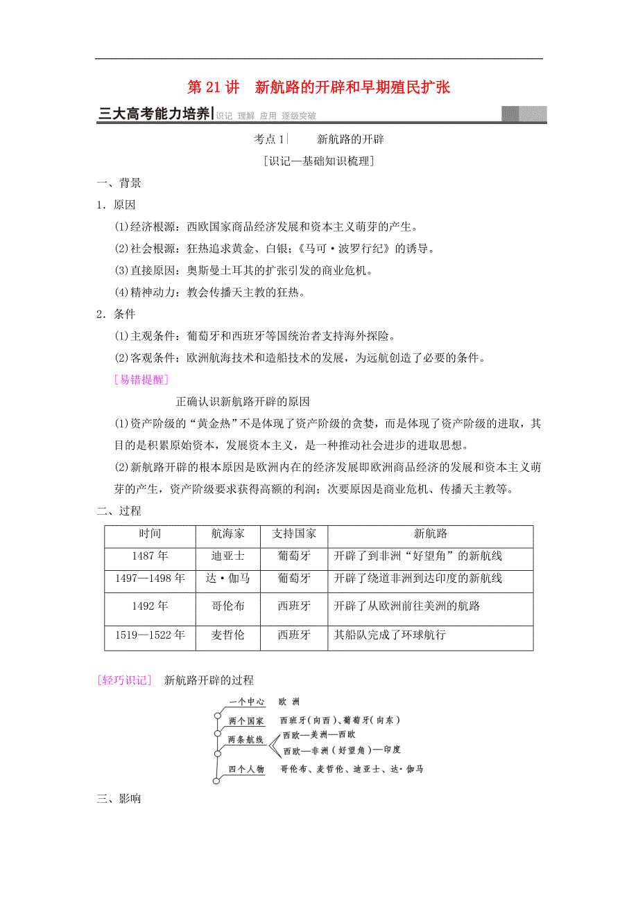 通史版通用高考历史一轮总复习第3部分世界古代近代史第7单元第21讲新航路的开辟和早期殖民扩张学案_第1页