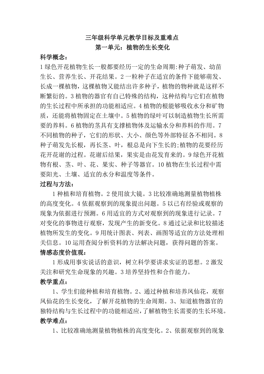 三年级科学单元教学目标及重难点_第1页