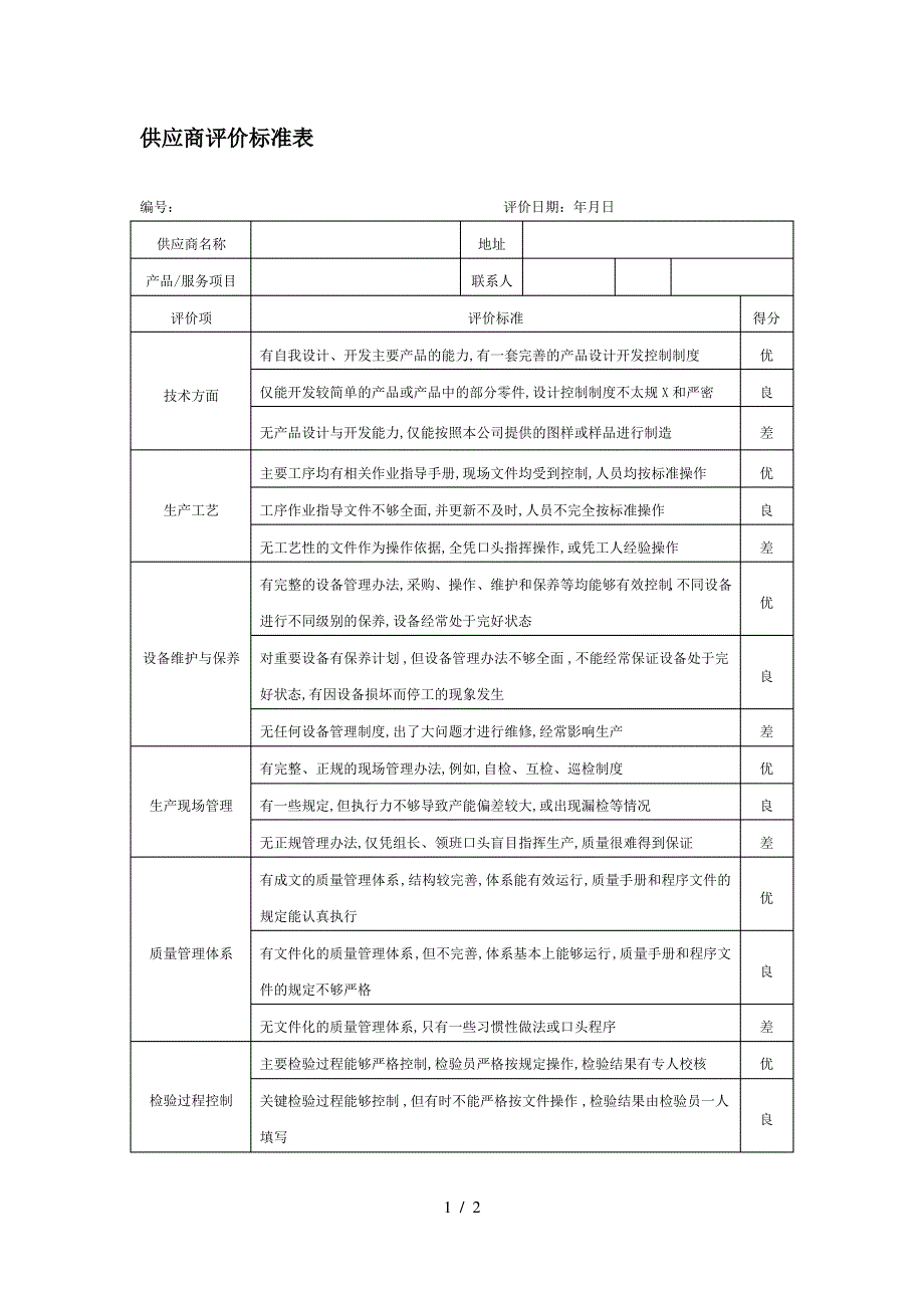 供应商评价标准表_第1页