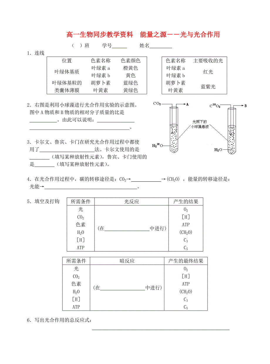 高一生物 能量之源－－光与光合作用同步教学资料_第1页