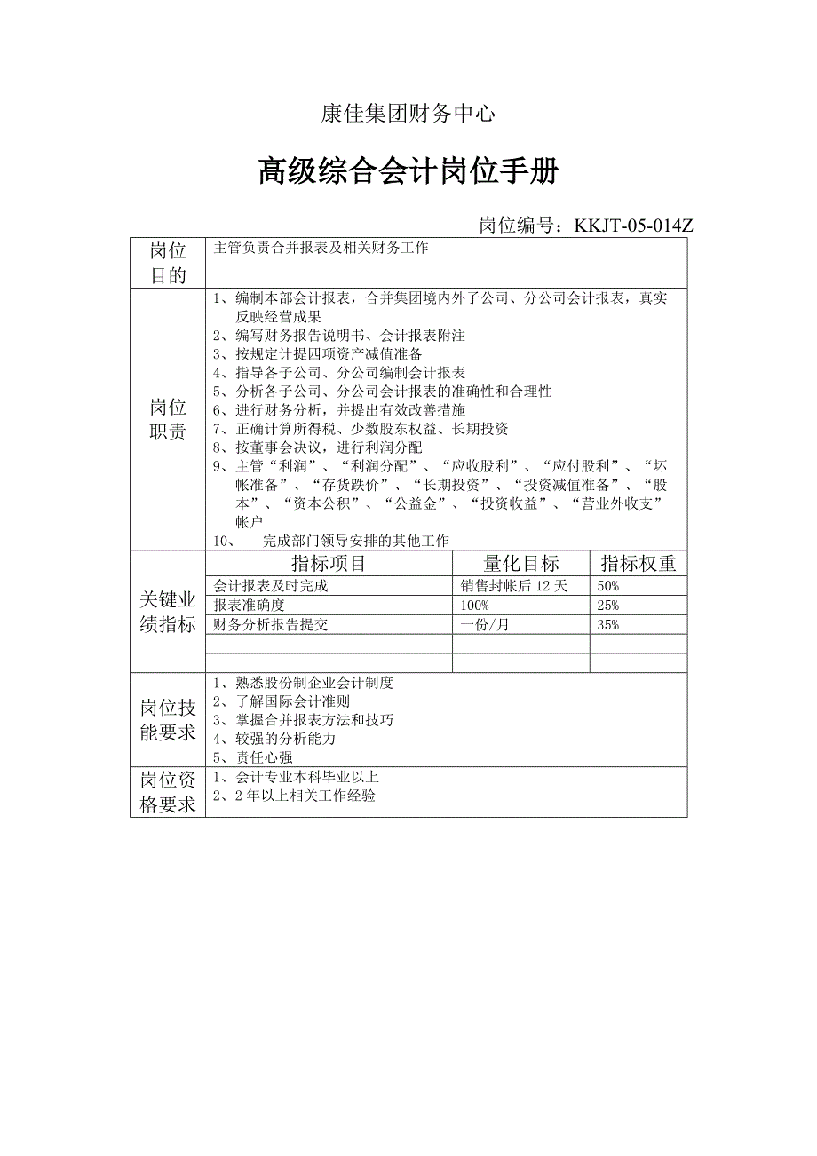 【管理精品】康佳集团财务中心高级综合会计岗位手册表_第1页