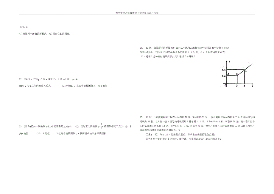 八年级数学函数章末测试卷_第2页