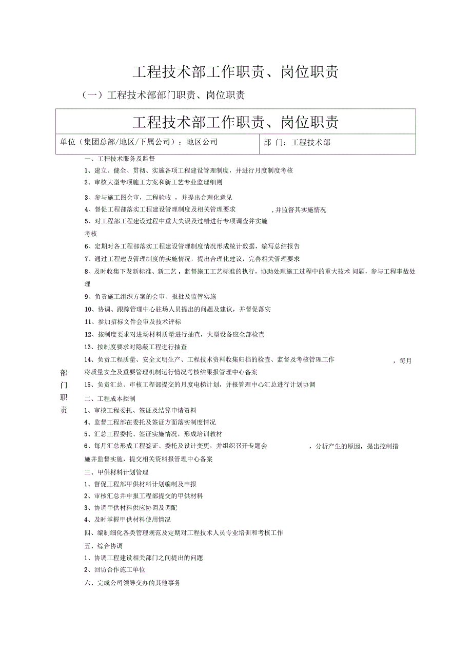 房地产公司工程技术部部门职责及岗位职责_第1页