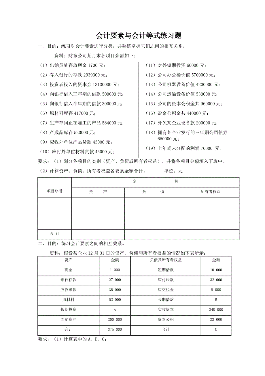 会计要素与会计等式练习题_第1页