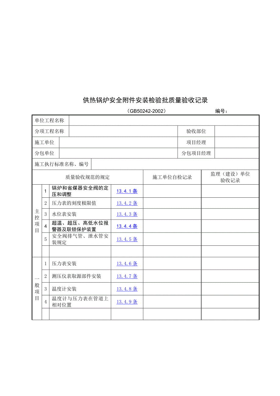 【管理精品】供热锅炉安全附件安装检验批质量验收记录_第1页