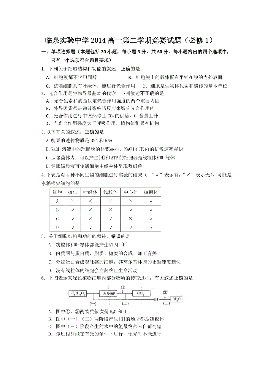 临泉实验中学2014高一第二学期竞赛试题.docx_第1页