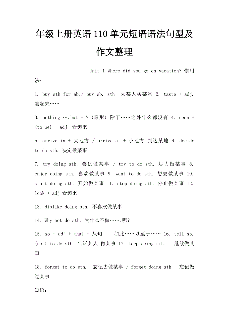 年级上册英语110单元短语语法句型及作文整理_第1页