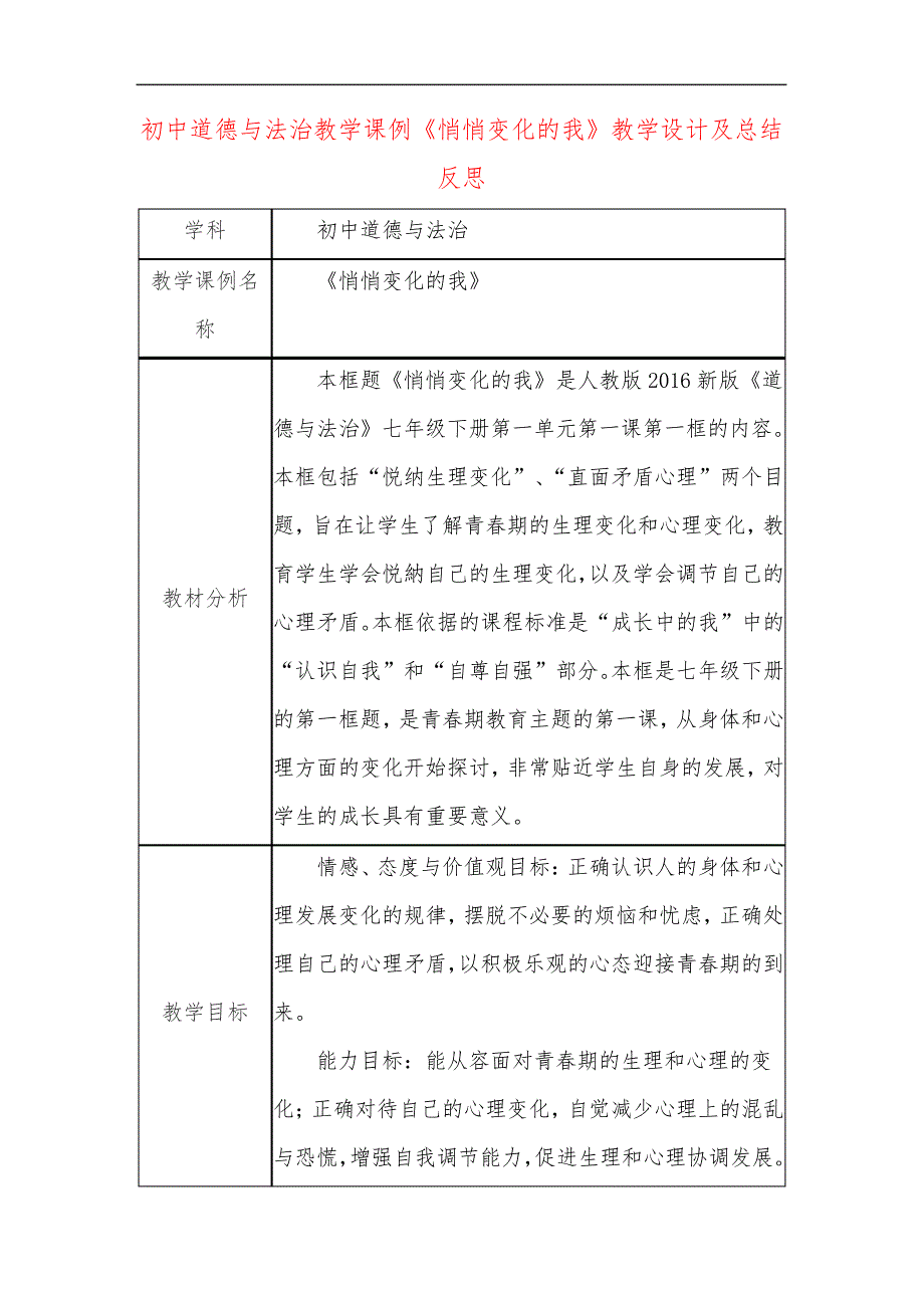 初中道德与法治教学课例《悄悄变化的我》课程思政核心素养教学设计及总结反思29679_第1页