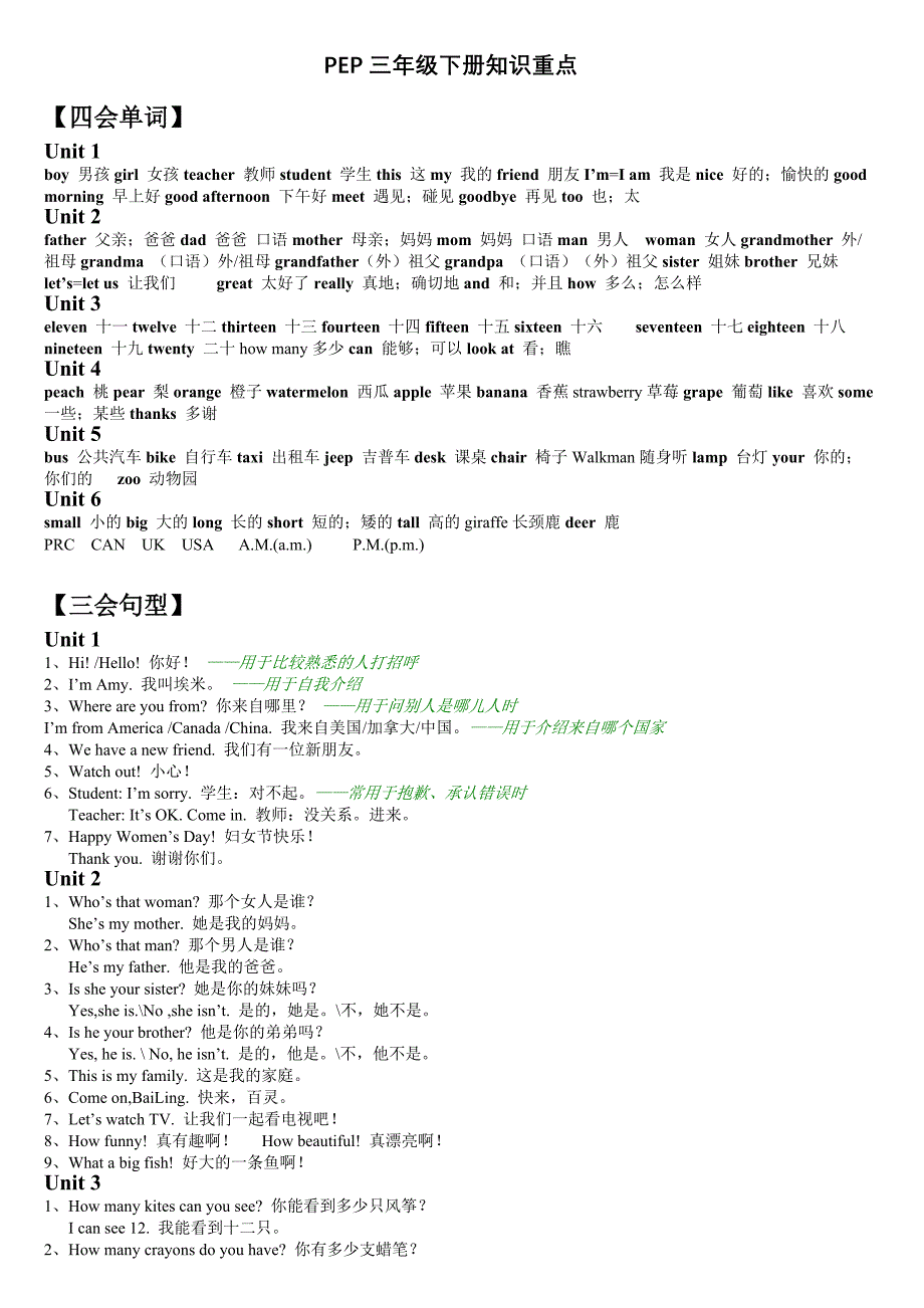 PEP小学英语三年级下册知识重点_第1页