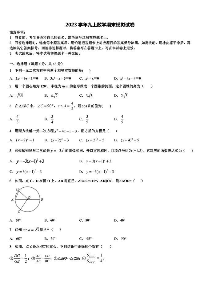 2023学年甘肃省临夏市第一中学九年级数学第一学期期末检测模拟试题含解析.doc