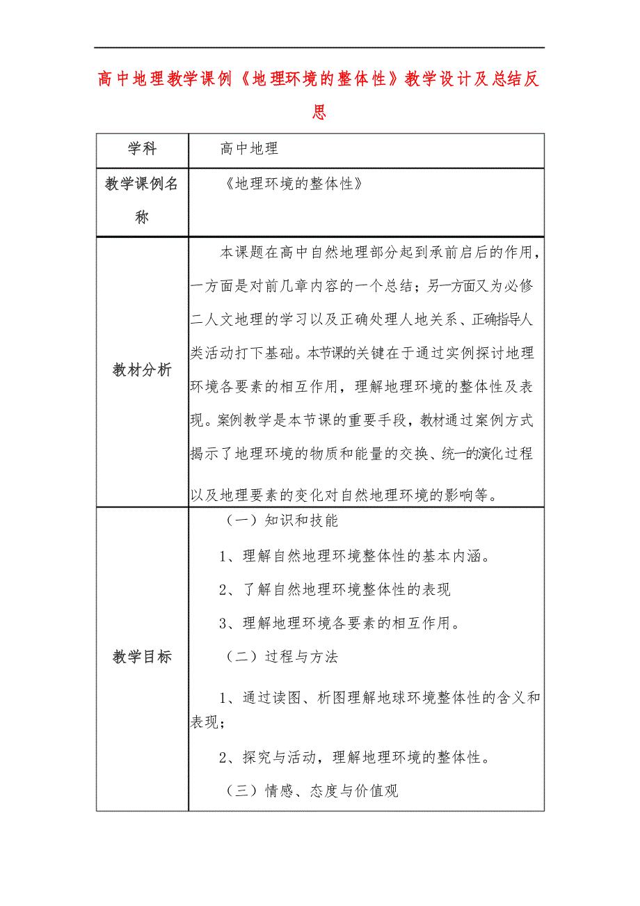 高中地理教学课例《地理环境的整体性》课程思政核心素养教学设计及总结反思_第1页