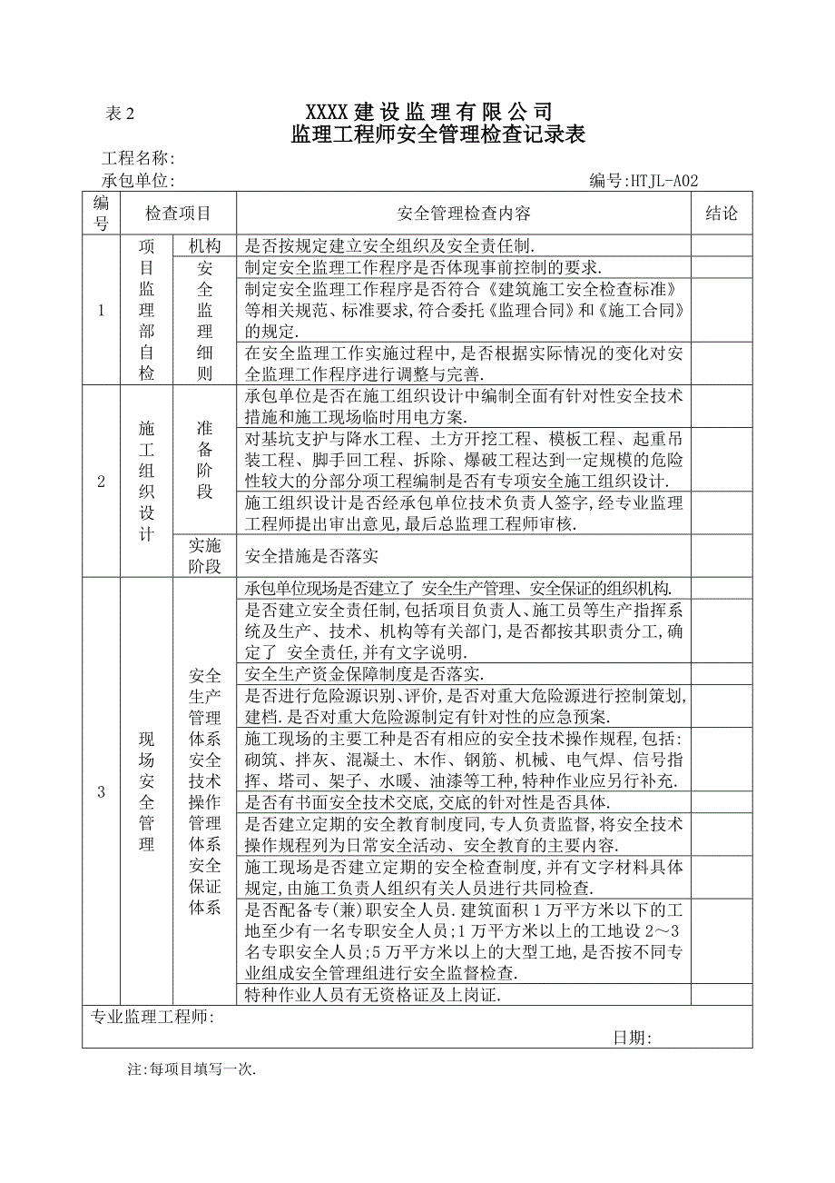 监理单位安全专项检查记录表范本_第2页