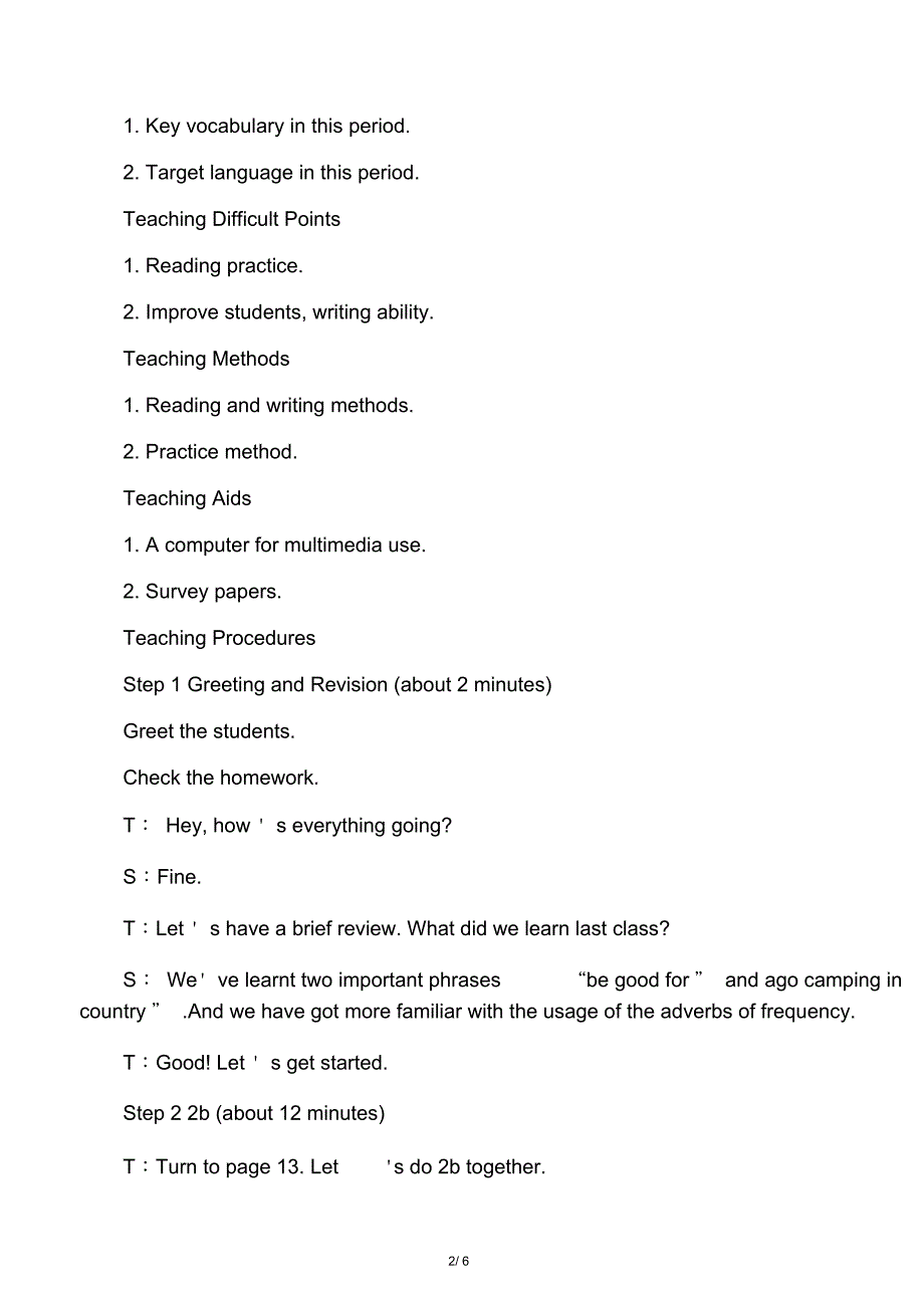 人教版八年级上册英语全英版教案：Unit2SectionB(2b-SelfCheck)_第2页