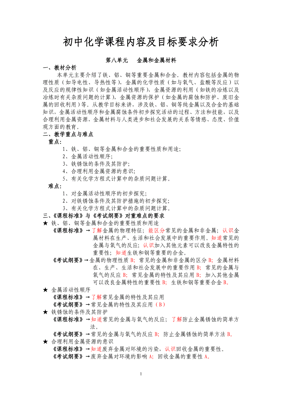 人教版初中化学课程内容及目标要求分析第八九十三单元_第1页