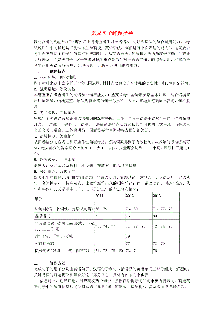 （考前添分指导）湖北省高考英语 完成句子指导（精讲精析）_第1页