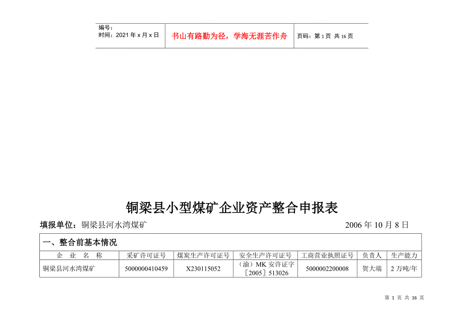 铜梁县小型煤矿企业资产整合申报表汇编_第1页