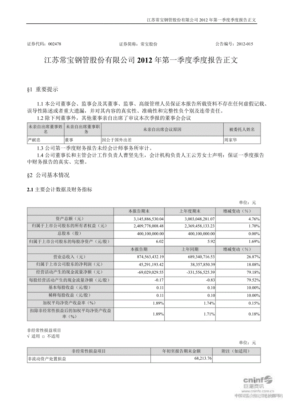 常宝股份：第一季度报告正文_第1页