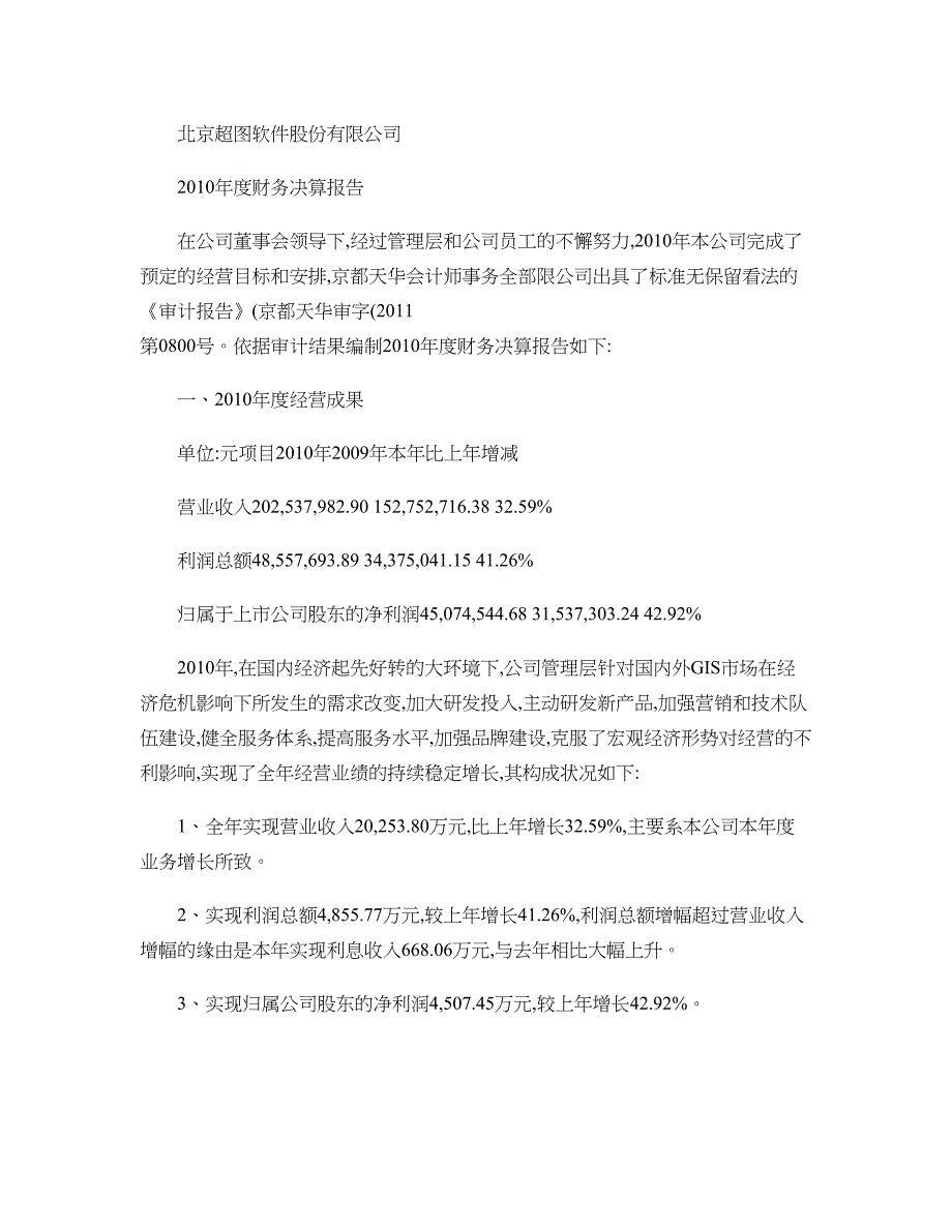 超图软件：2010年度财务决算报告n2011-04-19(精)_第1页