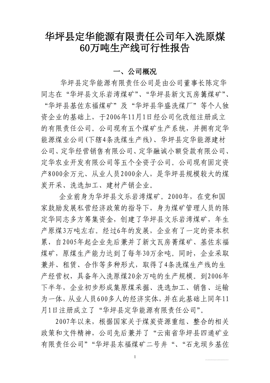 公司年入洗原煤60万吨生产线建设可行性论证报告改.doc_第1页