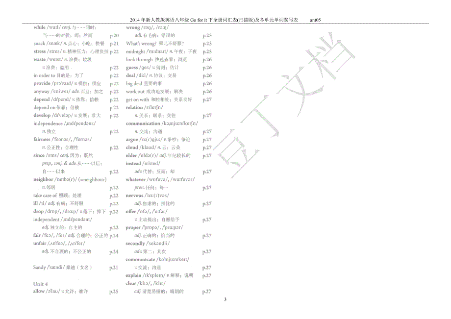 新人教版英语八年级Go for it下全册词汇表(扫描版)及各单元单词默写表_第3页