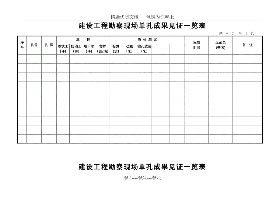 建设工程勘察现场单孔成果见证一览表_第1页