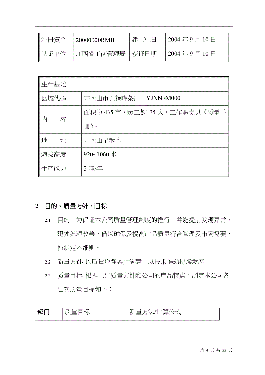 江西XX实业有限公司井冈山市五指峰茶厂-质量管理手册_第4页