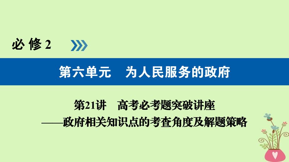 （全国通用版）2019版高考政治一轮复习 第六单元 为人民服务的政府 第21讲 高考必考题突破讲座-政府相关知识点的考查角度及解题策略课件_第1页