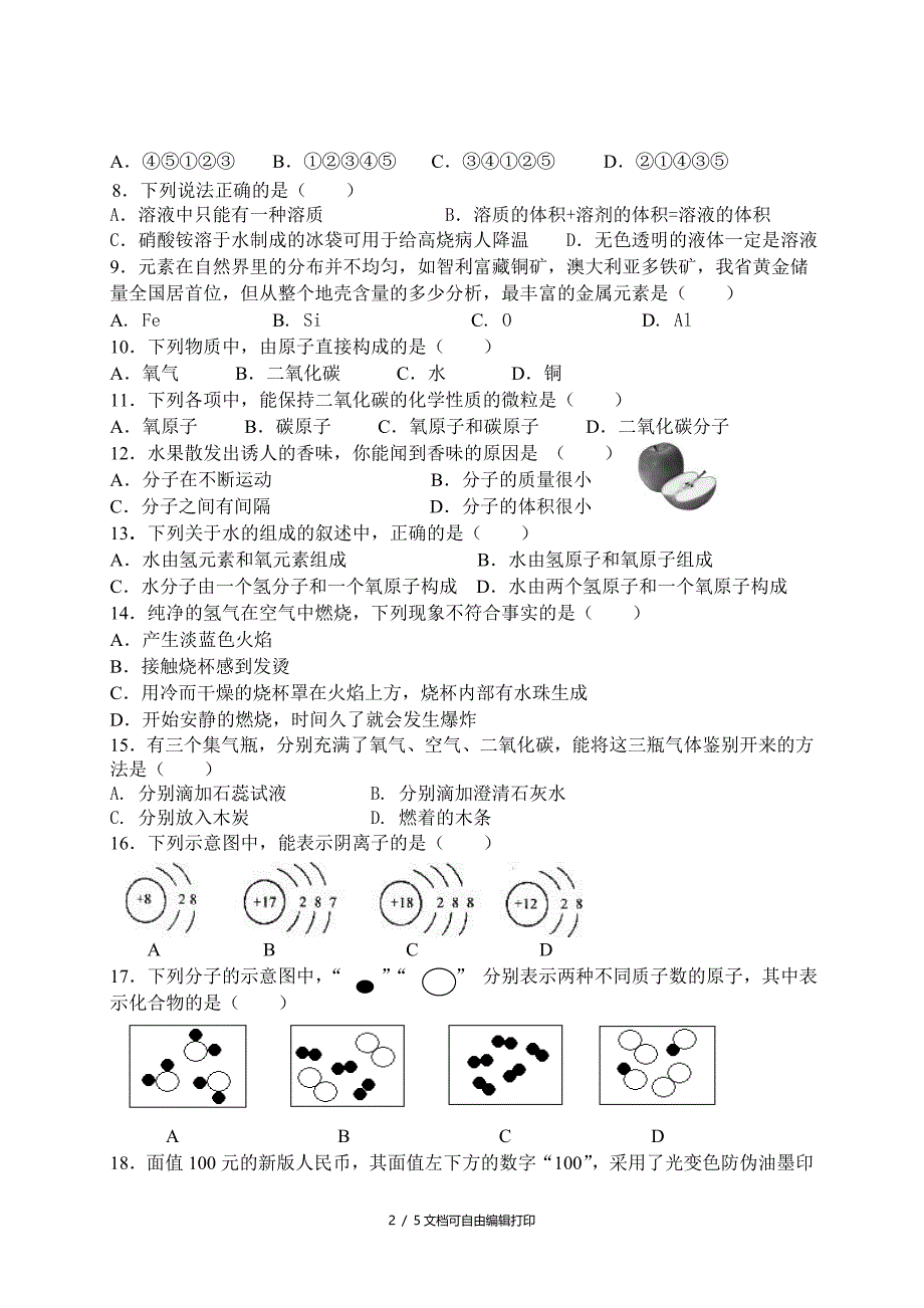 初中九年级化学第一学期期中检测试题_第2页