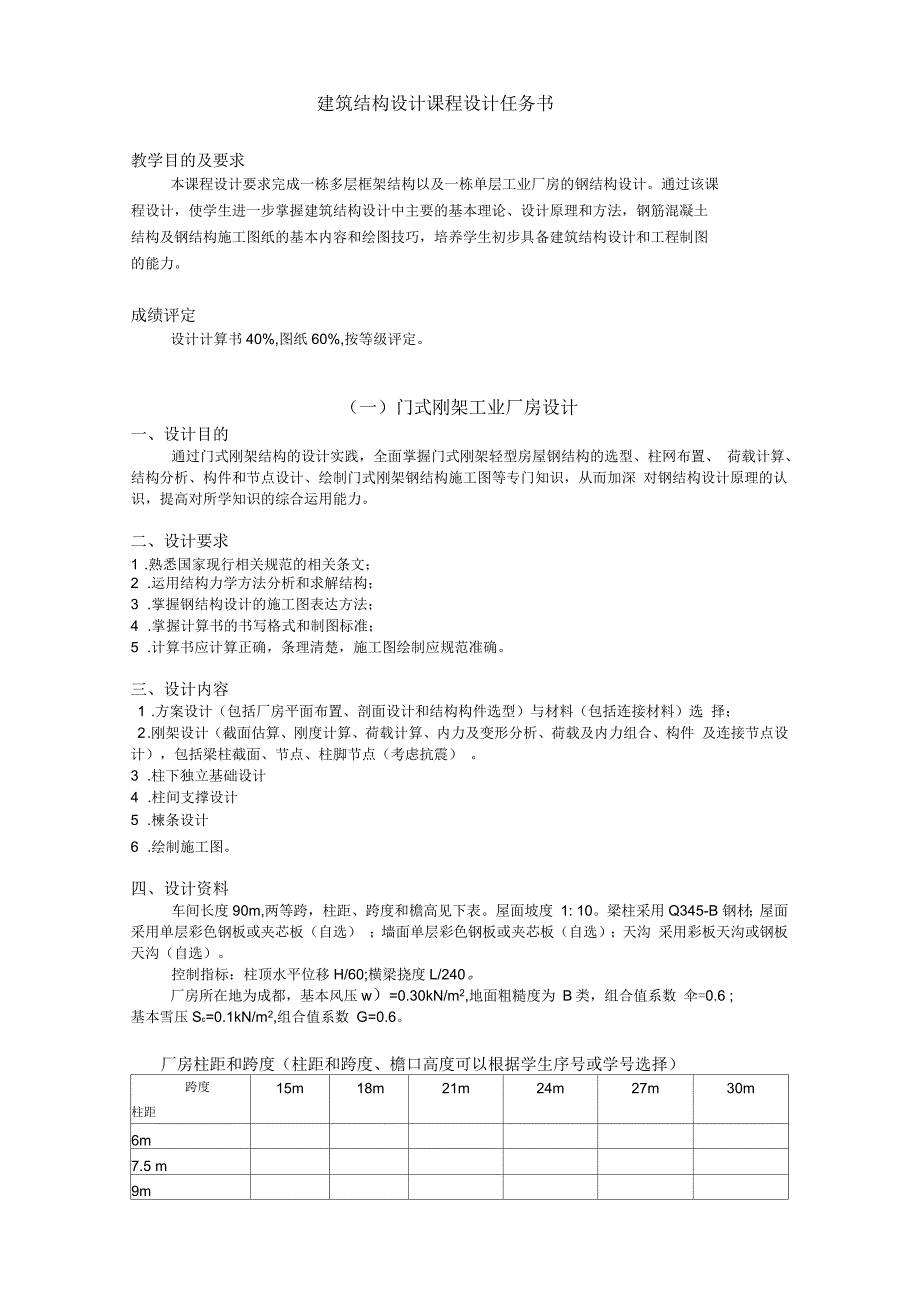 建筑结构设计课程设计任务书_第1页
